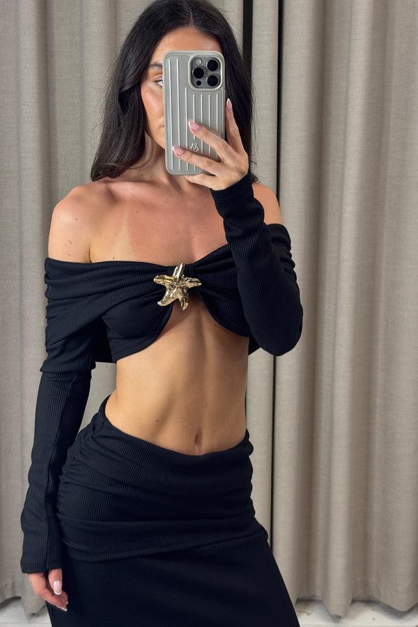 Lasula Aila Black Waffle Starfish Embellished Bardot Top And Skirt Co-Ord Set
