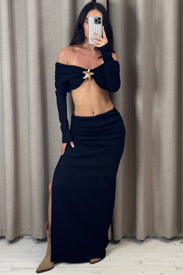 lasula Aila Black Waffle Starfish Embellished Bardot Top and Skirt Co-Ord Set