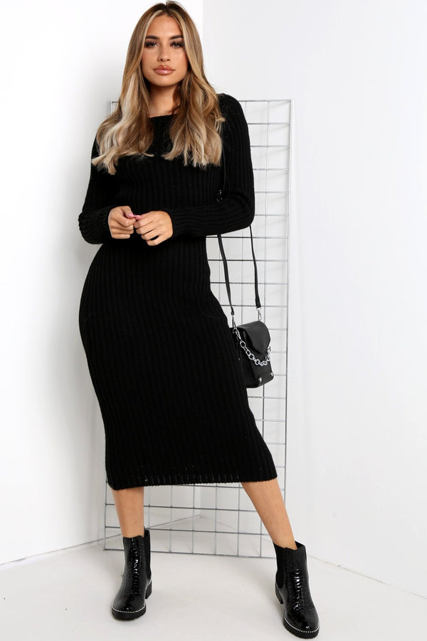Lasula Alannah Black Ribbed Knitted Cross Back Jumper Dress