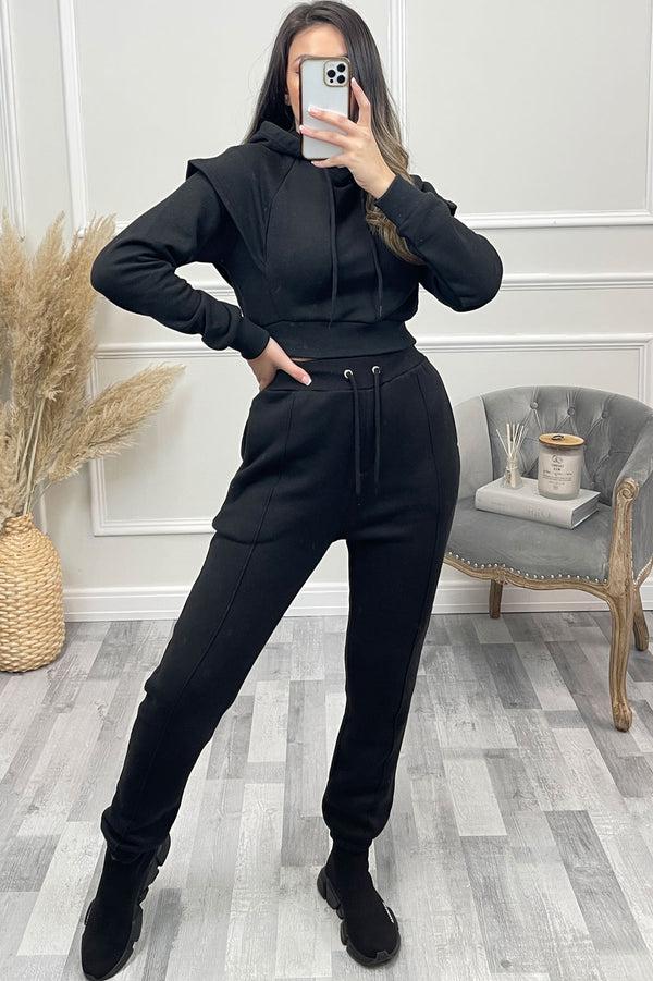 Lasula Alexa Black Flare Sleeve Cropped Hoodie And Joggers Tracksuit Set