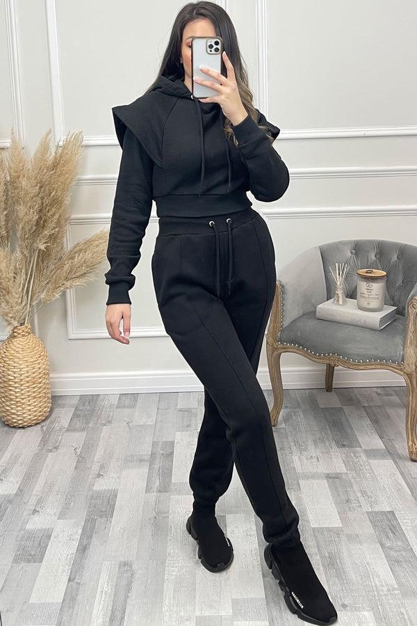 Lasula Alexa Black Flare Sleeve Cropped Hoodie And Joggers Tracksuit Set