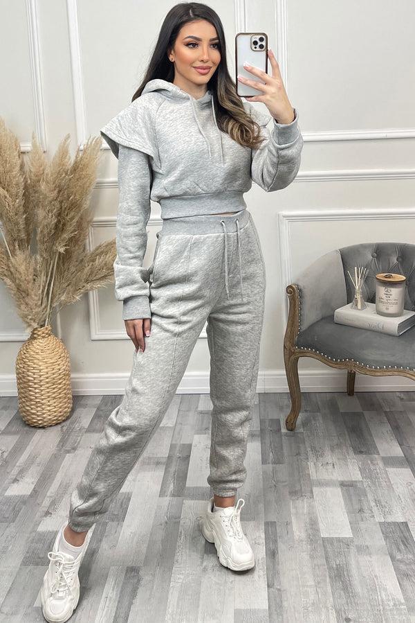 Lasula Alexa Grey Flare Sleeve Cropped Hoodie And Joggers Tracksuit Set