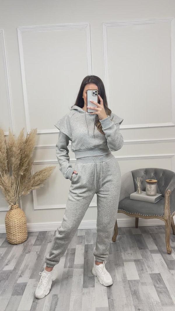 Lasula Alexa Grey Flare Sleeve Cropped Hoodie And Joggers Tracksuit Set