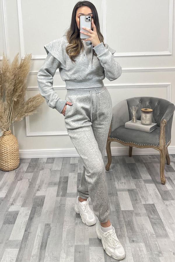 Lasula Alexa Grey Flare Sleeve Cropped Hoodie And Joggers Tracksuit Set