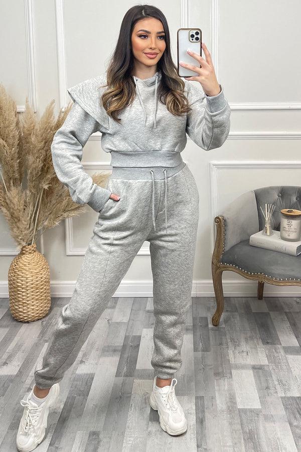 lasula Alexa Grey Flare Sleeve Cropped Hoodie and Joggers Tracksuit Set
