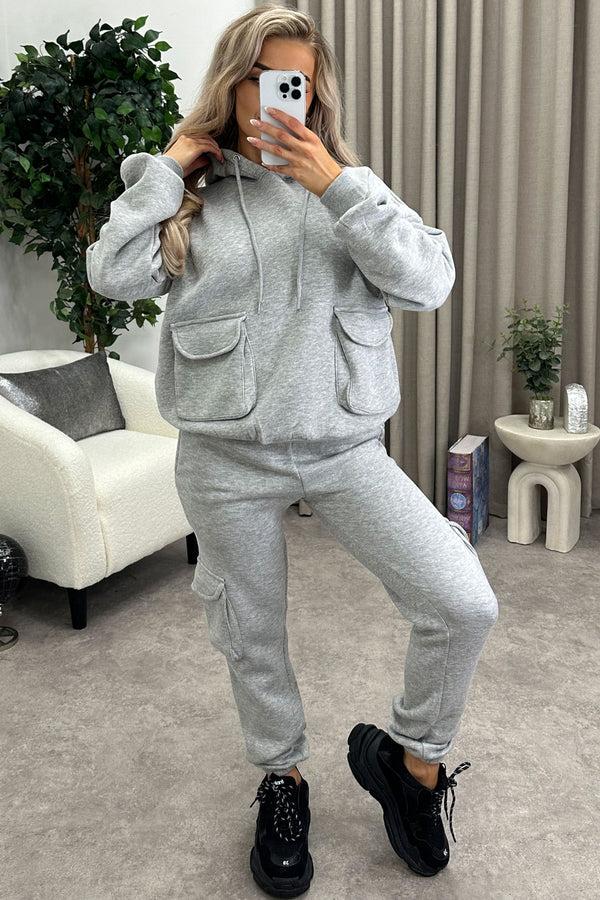lasula Amani Grey Utility Cargo Pocket Oversized Hoodie and Joggers Tracksuit Set
