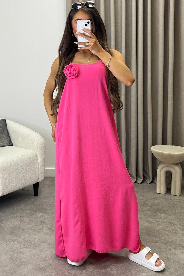 lasula Amaya Pink Flower Corsage Strappy Maxi Dress