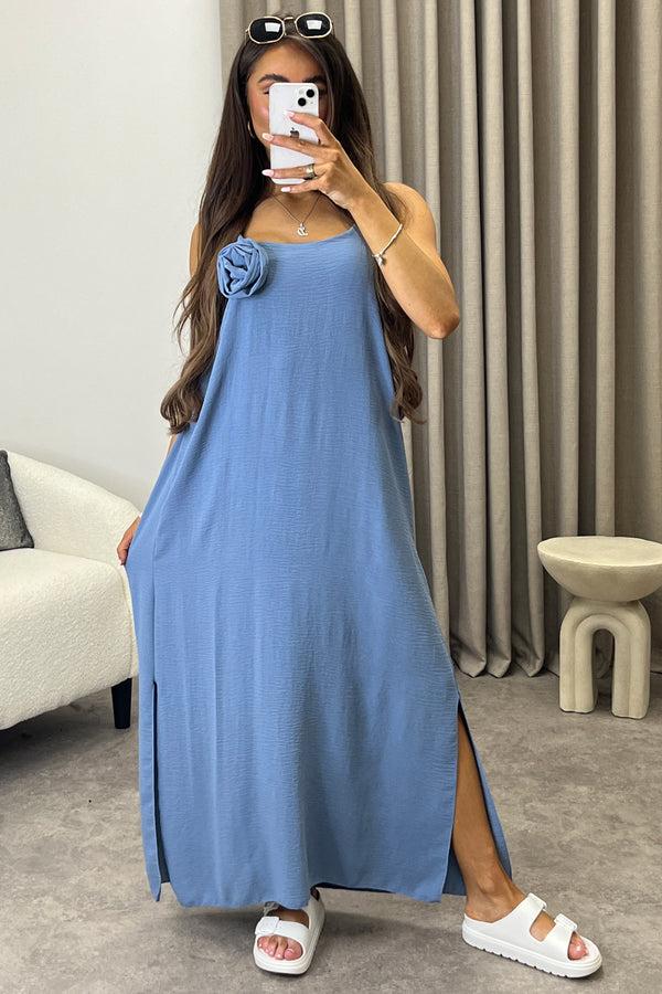 lasula Amaya Powder Blue Flower Corsage Strappy Maxi Dress