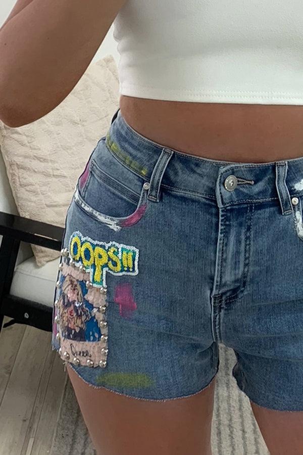Lasula Amirah Grl Pwr Sequin Embellished High Waisted Blue Denim Shorts