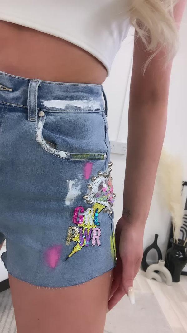 Lasula Amirah Grl Pwr Sequin Embellished High Waisted Blue Denim Shorts