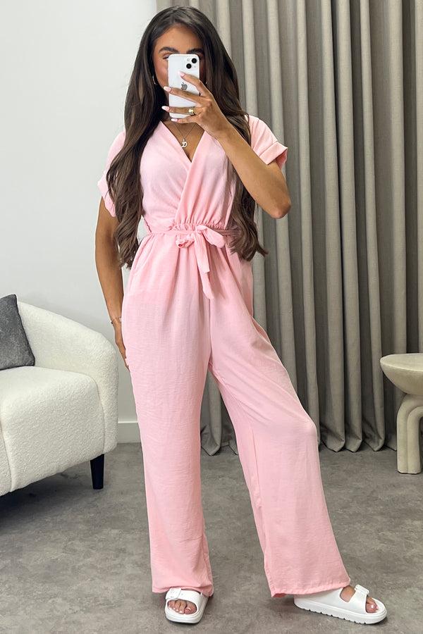 lasula Anny Baby Pink Short Sleeve V Neck Plunge Belted Jumpsuit lasula Anny Baby Pink Short Sleeve V Neck Plunge Belted Jumpsuit