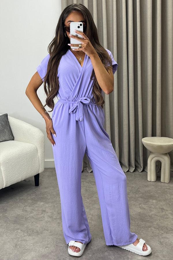 Lasula Anny Lilac Short Sleeve V Neck Plunge Belted Jumpsuit