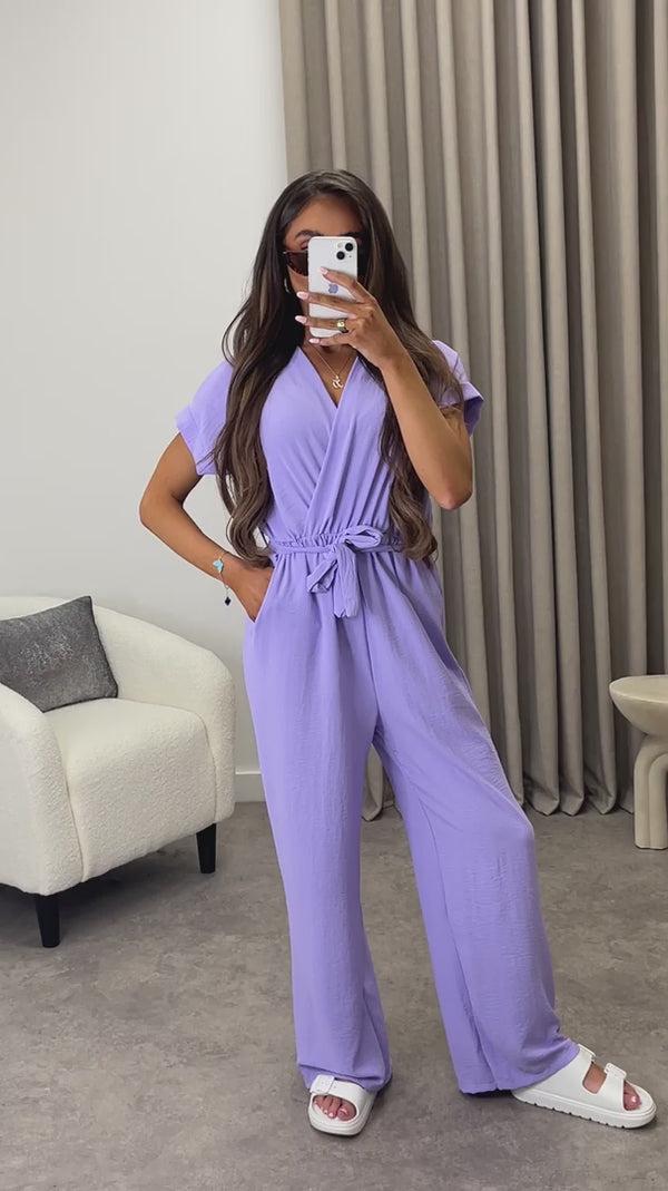 Lasula Anny Lilac Short Sleeve V Neck Plunge Belted Jumpsuit
