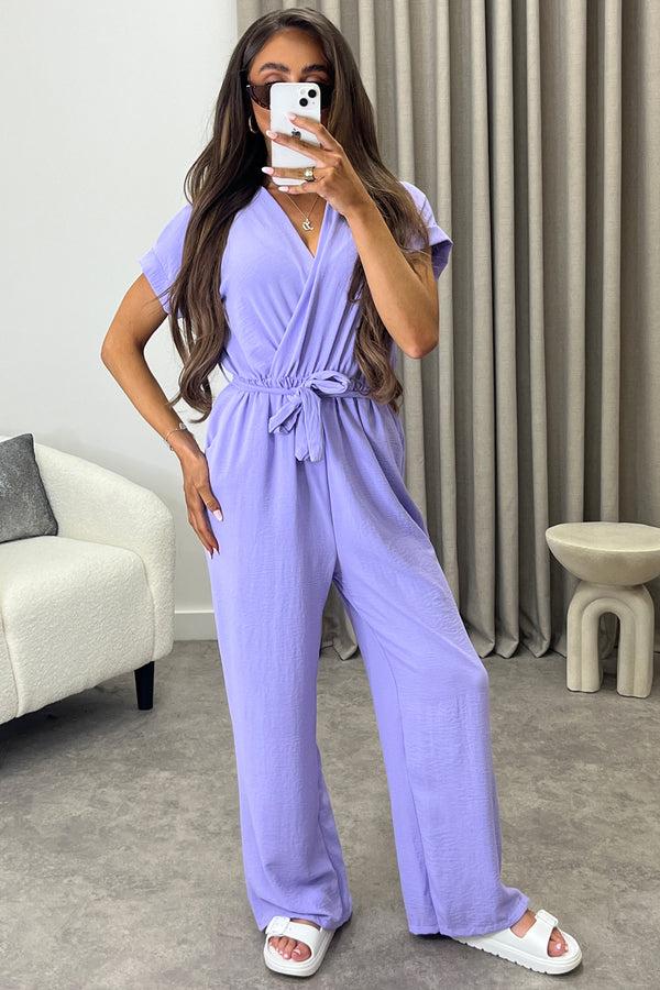 lasula Anny Lilac Short Sleeve V Neck Plunge Belted Jumpsuit
