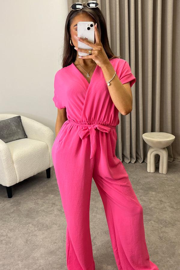 Lasula Anny Neon Pink Short Sleeve V Neck Plunge Belted Jumpsuit