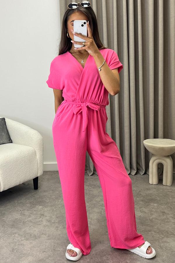 Lasula Anny Neon Pink Short Sleeve V Neck Plunge Belted Jumpsuit