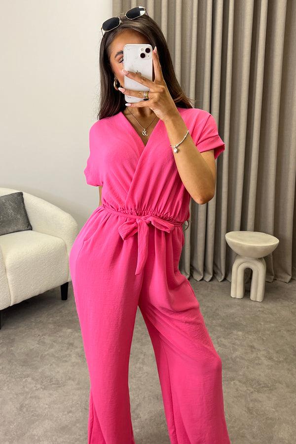 Lasula Anny Neon Pink Short Sleeve V Neck Plunge Belted Jumpsuit