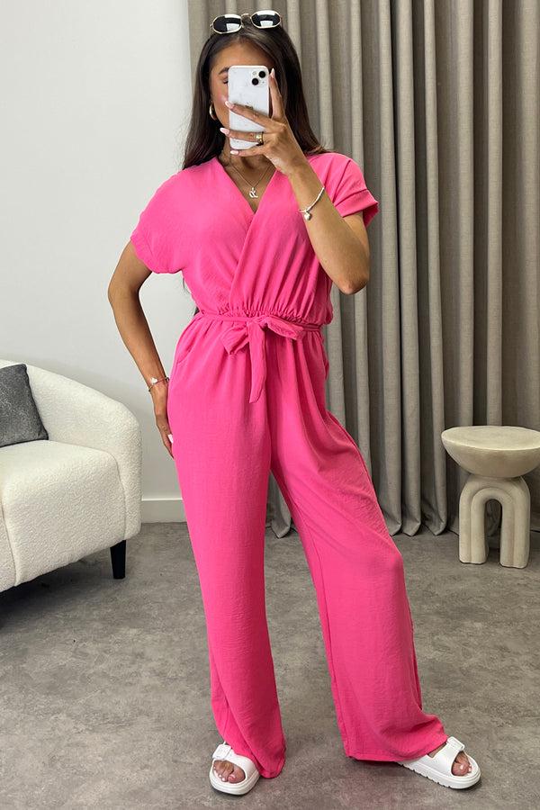 lasula Anny Neon Pink Short Sleeve V Neck Plunge Belted Jumpsuit lasula Anny Neon Pink Short Sleeve V Neck Plunge Belted Jumpsuit