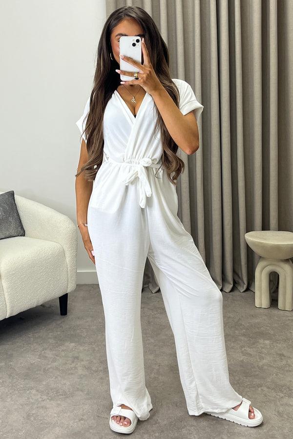 Lasula Anny White Short Sleeve V Neck Plunge Belted Jumpsuit