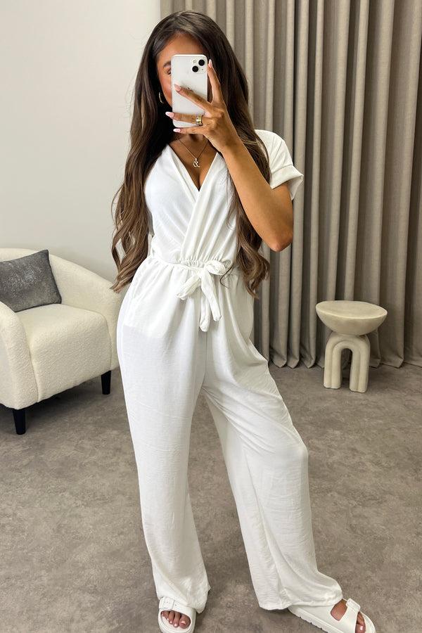 Lasula Anny White Short Sleeve V Neck Plunge Belted Jumpsuit
