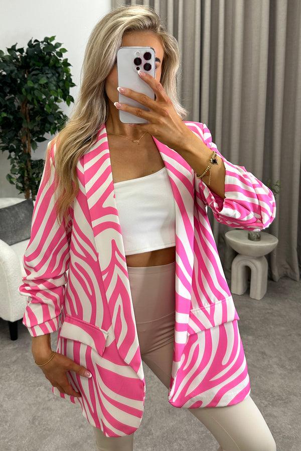 Lasula Ariella Pink Zebra Print Ruched Sleeve Oversized Blazer