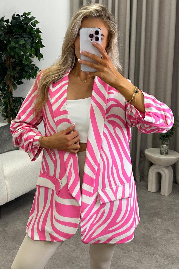 Lasula Ariella Pink Zebra Print Ruched Sleeve Oversized Blazer