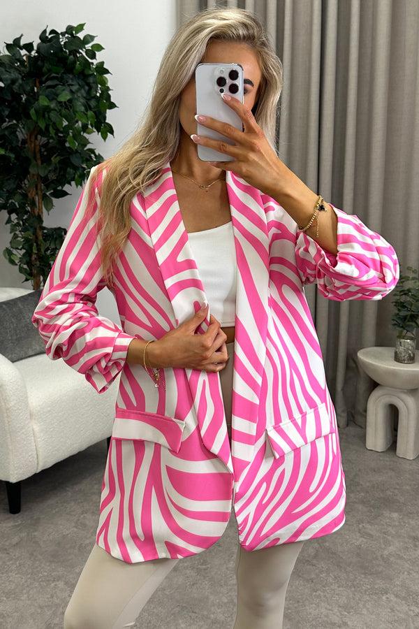 lasula Ariella Pink Zebra Print Ruched Sleeve Oversized Blazer