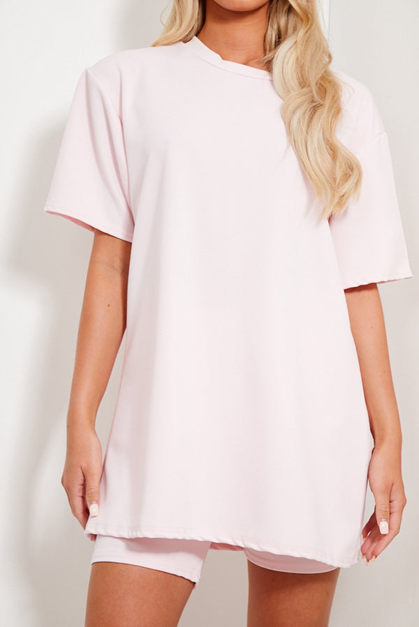Lasula Baby Pink Oversized T-Shirt And Cycling Shorts Co-Ord Set