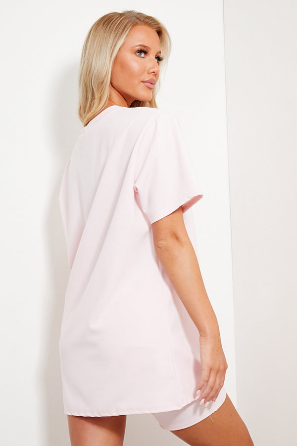 Lasula Baby Pink Oversized T-Shirt And Cycling Shorts Co-Ord Set