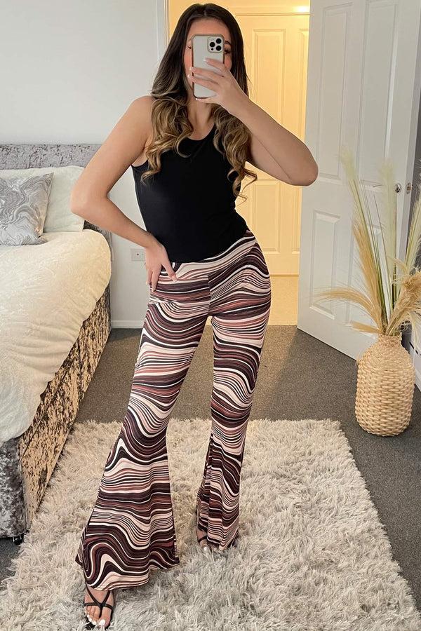 Lasula Bea Brown Wave Print Slinky Ruched Bum Flared High Waisted Trousers