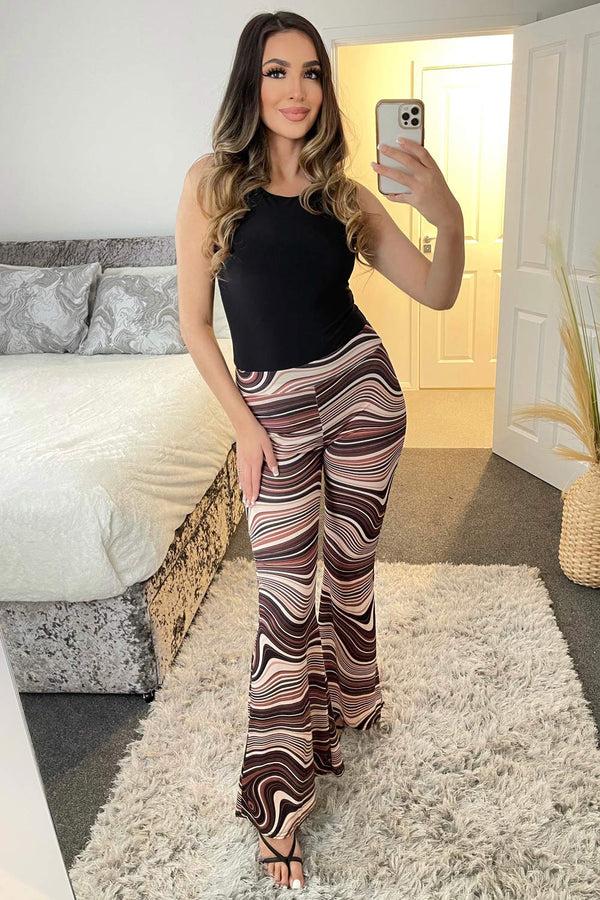 Lasula Bea Brown Wave Print Slinky Ruched Bum Flared High Waisted Trousers