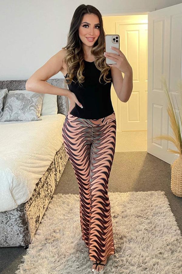 Lasula Bea Orange Zig Zag Print Slinky Ruched Bum Flared High Waisted Trousers