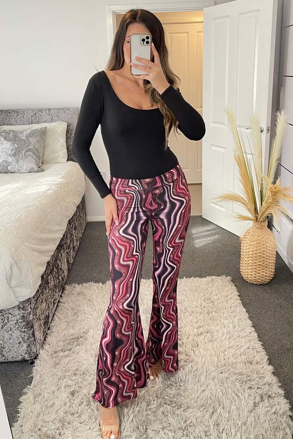 Lasula Bea Pink Swirl Print Slinky Ruched Bum Flared High Waisted Trousers