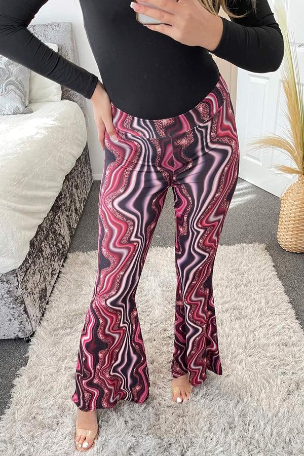 Lasula Bea Pink Swirl Print Slinky Ruched Bum Flared High Waisted Trousers