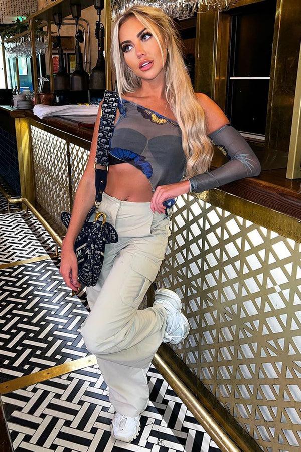 Lasula Bianca Beige Pocket Detail Wide Leg Cargo Trousers
