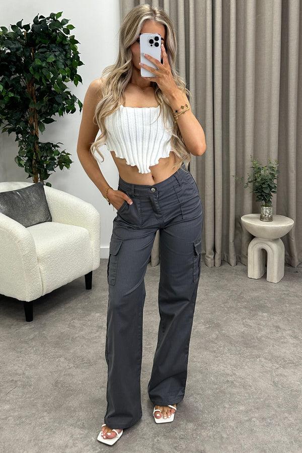 Lasula Bianca Grey Pocket Detail Wide Leg Cargo Trousers