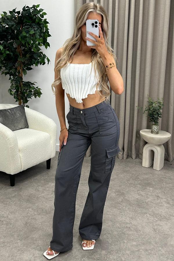 Lasula Bianca Grey Pocket Detail Wide Leg Cargo Trousers