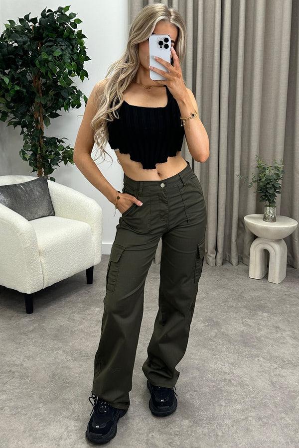 Lasula Bianca Khaki Pocket Detail Wide Leg Cargo Trousers