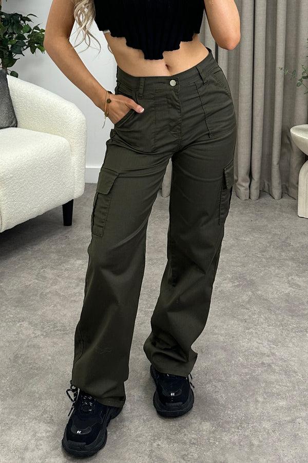 lasula Bianca Khaki Pocket Detail Wide Leg Cargo Trousers