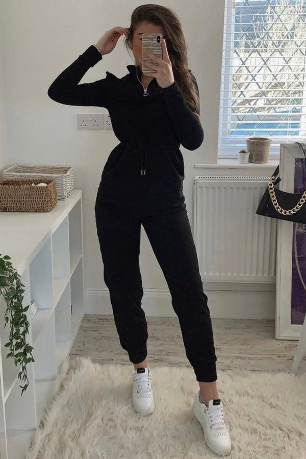 Lasula Black Frill Gathered Waist Top And Trousers Co-Ord Set