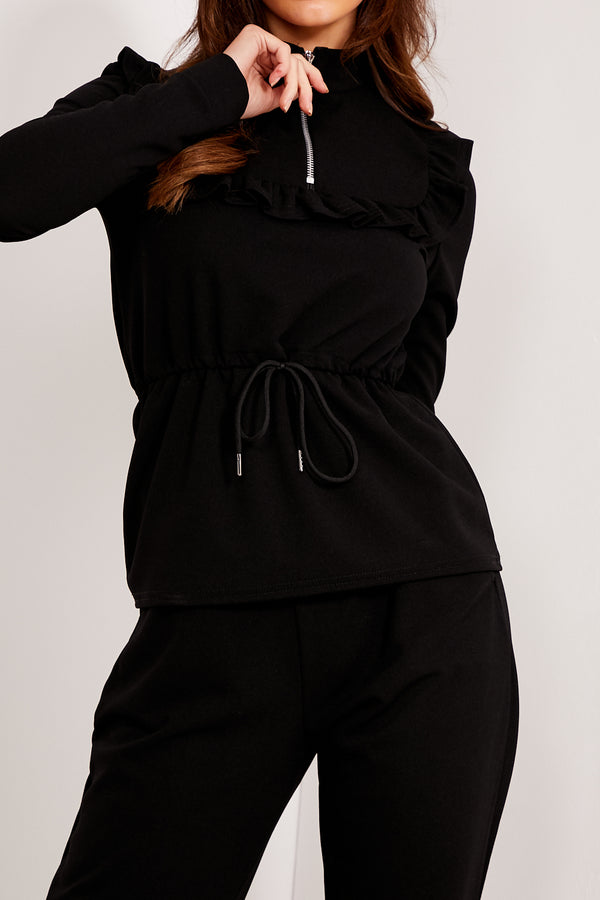 Lasula Black Frill Gathered Waist Top And Trousers Co-Ord Set
