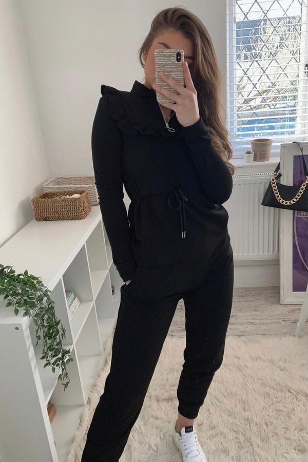 lasula Black Frill Gathered Waist Top and Trousers Co-Ord Set