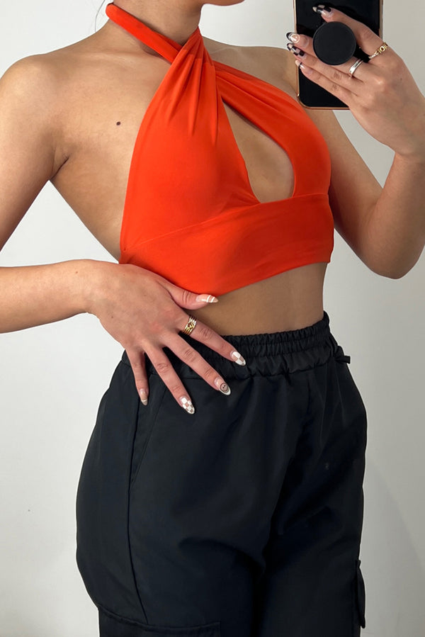 Lasula Blair Orange Wrap Halterneck Tie Back Slinky Crop Top