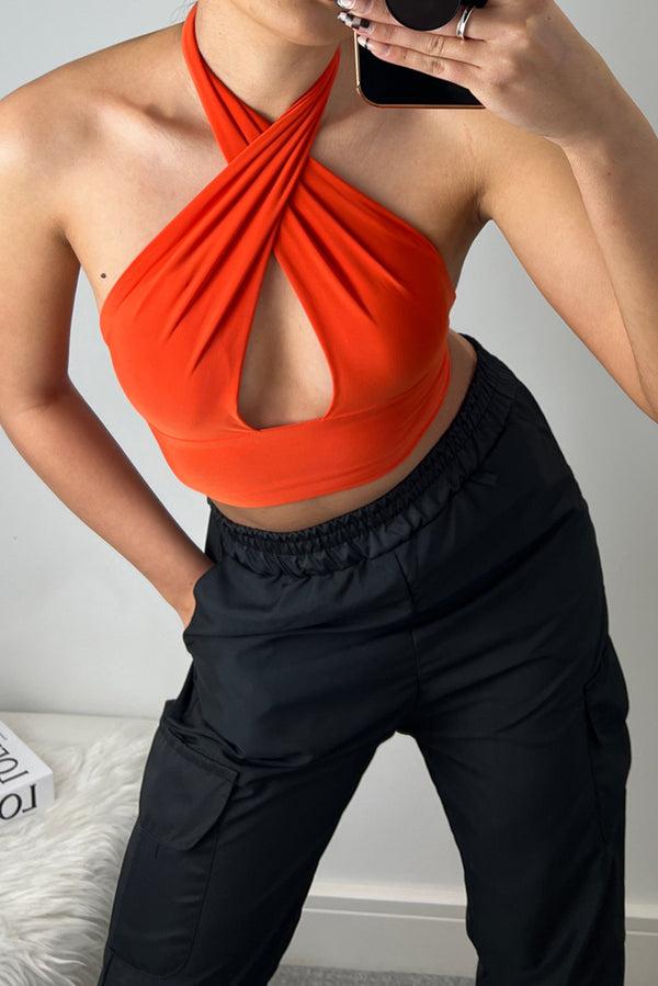 lasula Blair Orange Wrap Halterneck Tie Back Slinky Crop Top