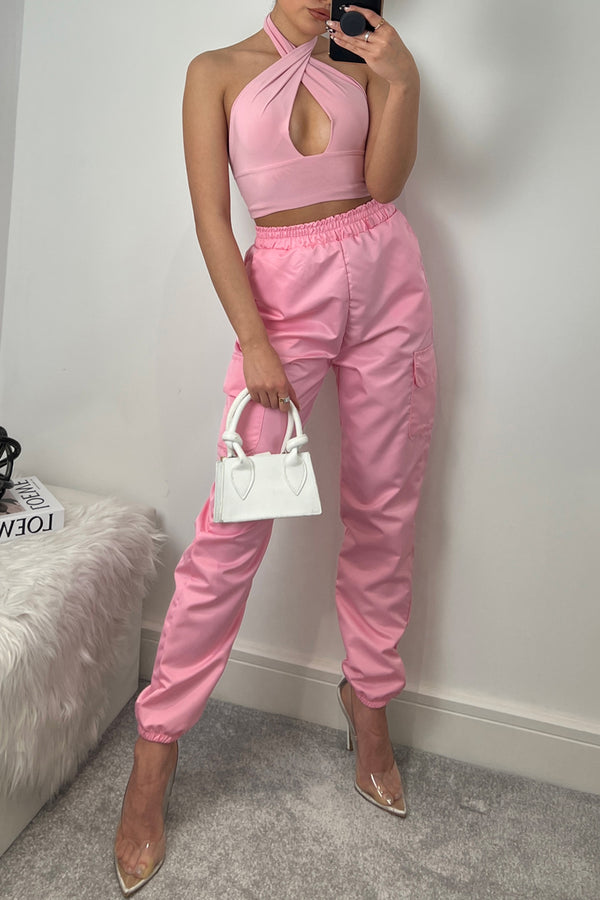 Lasula Blair Pink Wrap Halterneck Tie Back Slinky Crop Top