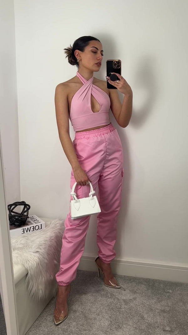 Lasula Blair Pink Wrap Halterneck Tie Back Slinky Crop Top