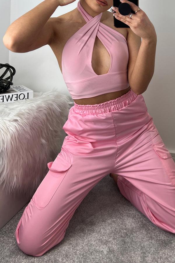 lasula Blair Pink Wrap Halterneck Tie Back Slinky Crop Top