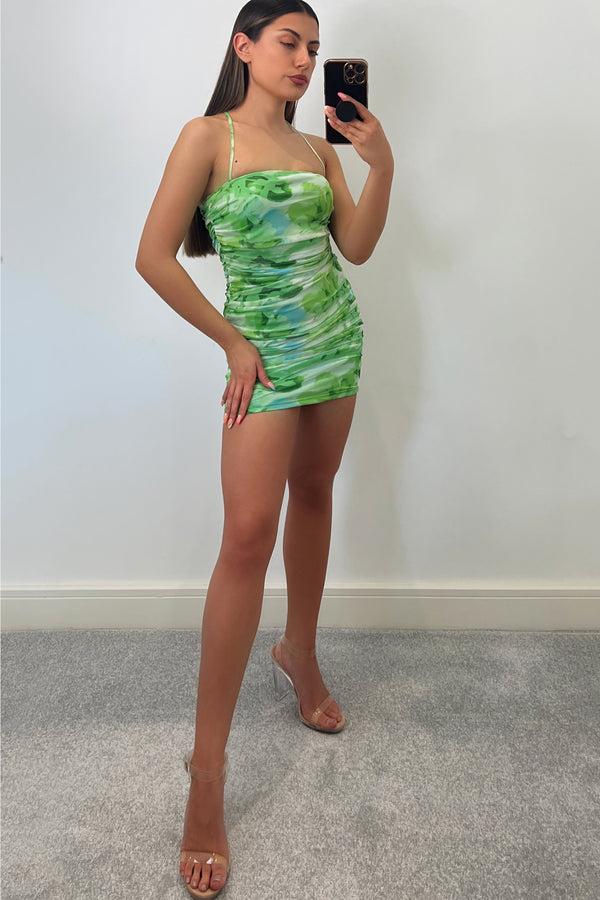 Lasula Blakely Green Printed Mesh Ruched Mini Dress