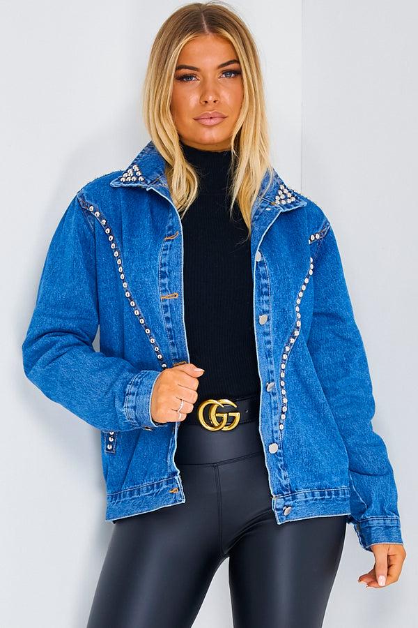 Lasula Blue Rock And Roll Slogan Studded Denim Jacket