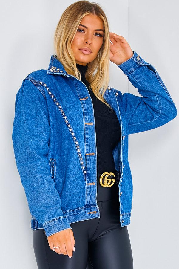 Lasula Blue Rock And Roll Slogan Studded Denim Jacket